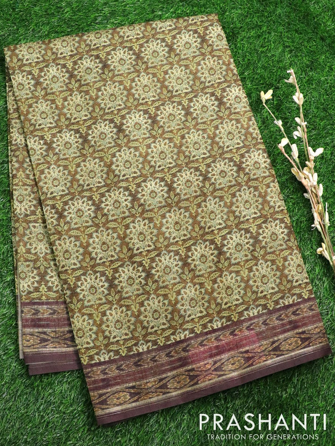 Semi matka saree greenish brown with allover floral butta prints and printed border - {{ collection.title }} by Prashanti Sarees