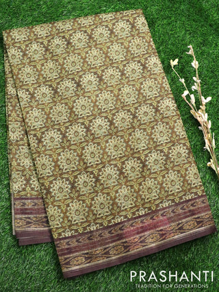 Semi matka saree greenish brown with allover floral butta prints and printed border