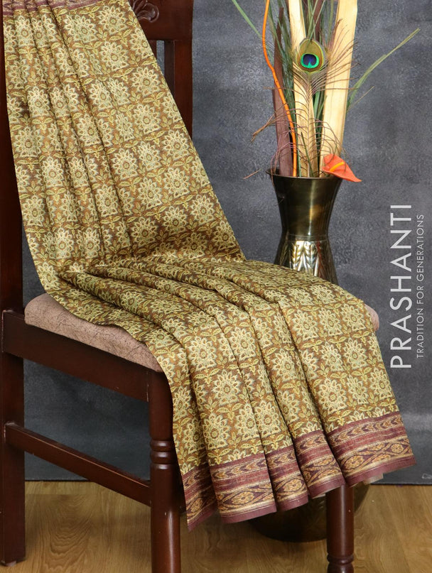 Semi matka saree greenish brown with allover floral butta prints and printed border - {{ collection.title }} by Prashanti Sarees