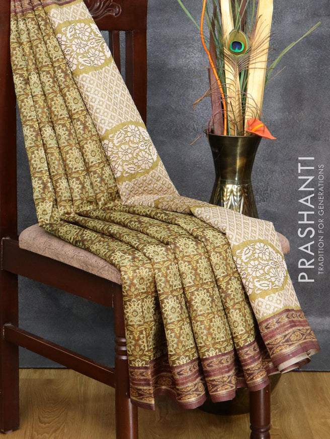 Semi matka saree greenish brown with allover floral butta prints and printed border - {{ collection.title }} by Prashanti Sarees