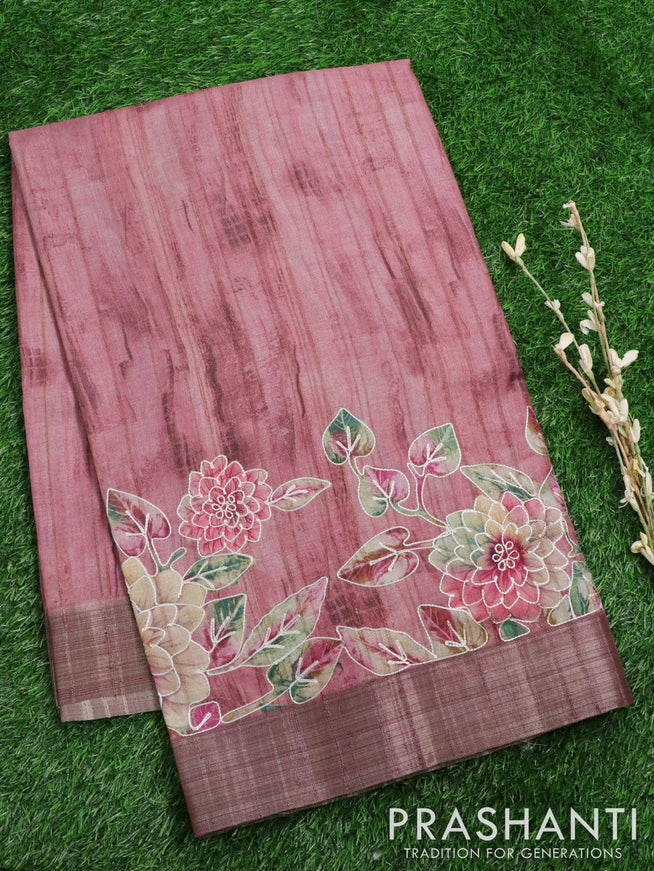 Semi matka saree maroon shade with allover floral prints embroidery work and zari woven border - {{ collection.title }} by Prashanti Sarees