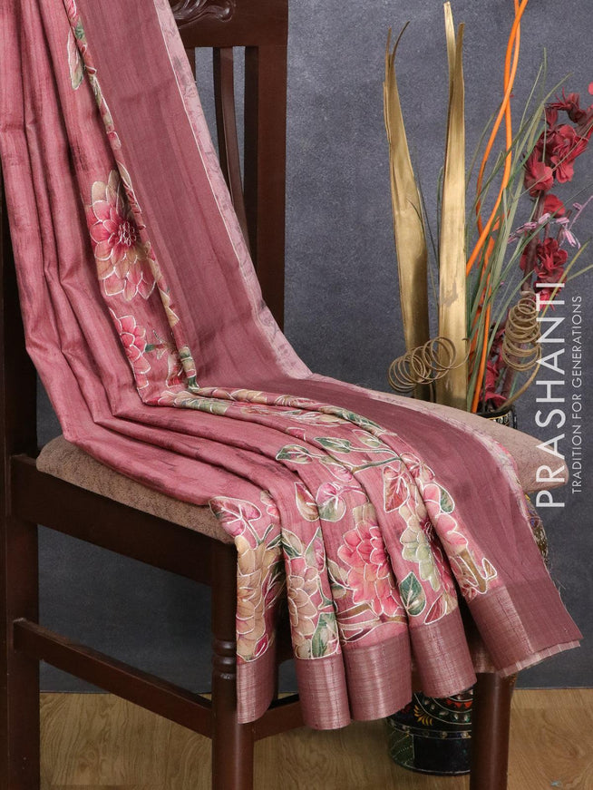 Semi matka saree maroon shade with allover floral prints embroidery work and zari woven border - {{ collection.title }} by Prashanti Sarees