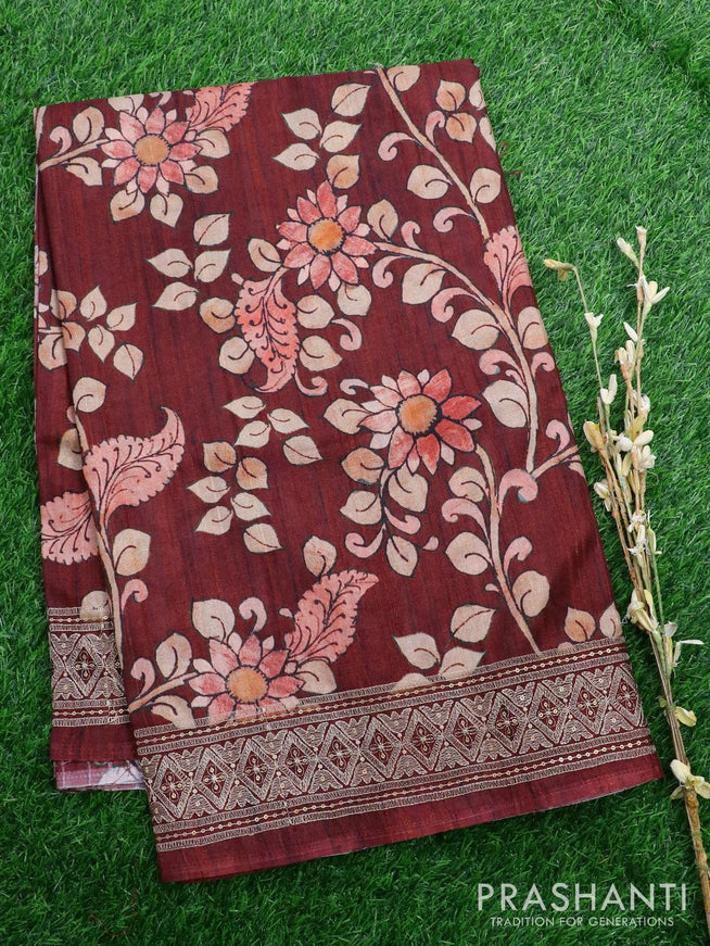 Semi matka saree maroon with allover kalamkari digital prints and embroidery & sequin work border - {{ collection.title }} by Prashanti Sarees