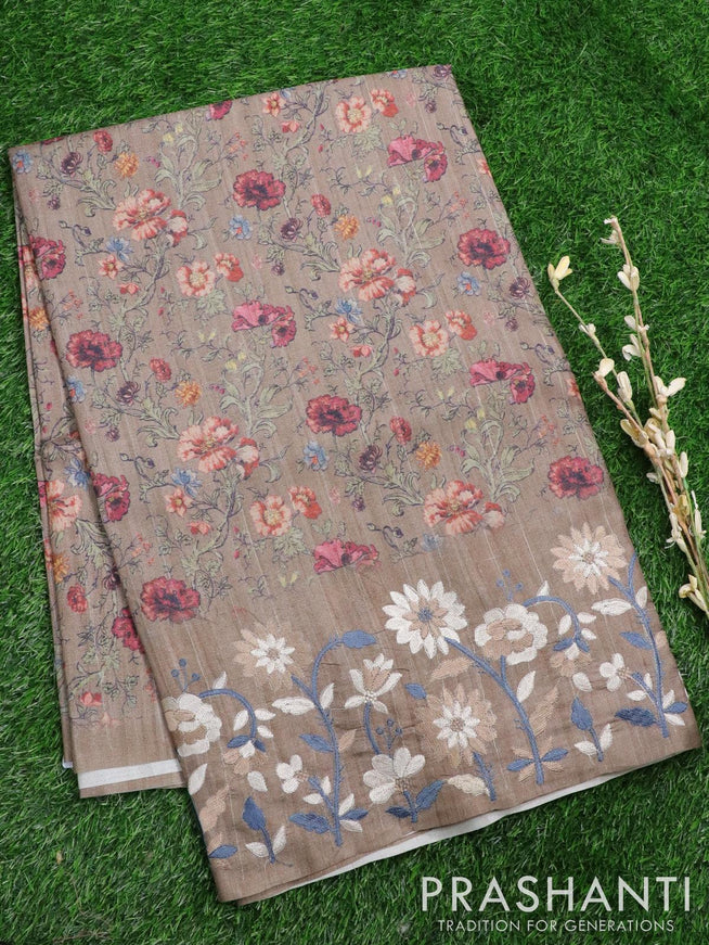 Semi matka saree pastel brown with allover floral digital prints and embroidery floral border - {{ collection.title }} by Prashanti Sarees