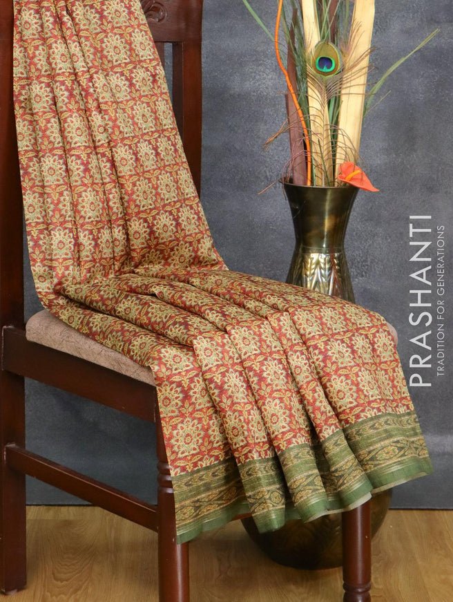 Semi matka saree rustic brown and green with allover floral butta prints and printed border - {{ collection.title }} by Prashanti Sarees