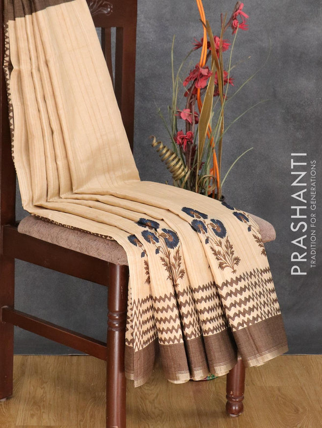 Semi matka silk saree beige and brown shade with floral butta prints and zari woven piping border - {{ collection.title }} by Prashanti Sarees