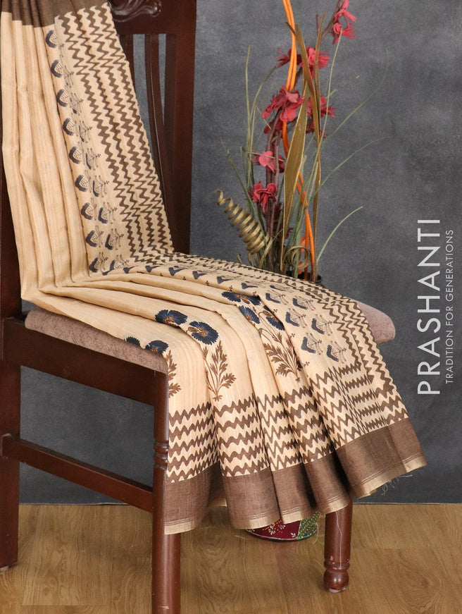 Semi matka silk saree beige and brown shade with floral butta prints and zari woven piping border - {{ collection.title }} by Prashanti Sarees