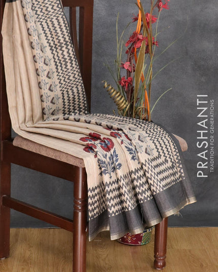Semi matka silk saree beige and dark grey with floral butta prints and zari woven piping border - {{ collection.title }} by Prashanti Sarees