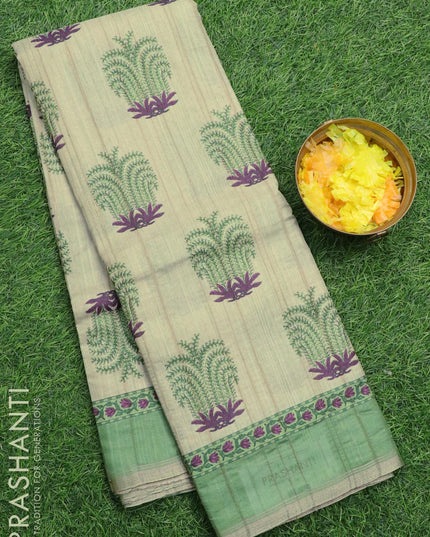 Semi matka silk saree beige and green with allover butta prints and small zari woven border - {{ collection.title }} by Prashanti Sarees
