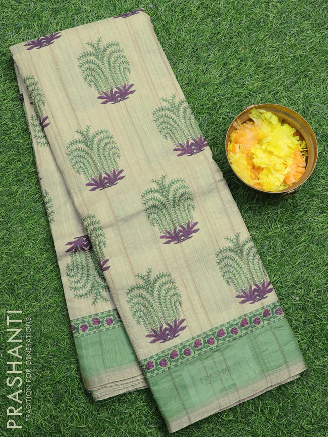 Semi matka silk saree beige and green with allover butta prints and small zari woven border - {{ collection.title }} by Prashanti Sarees