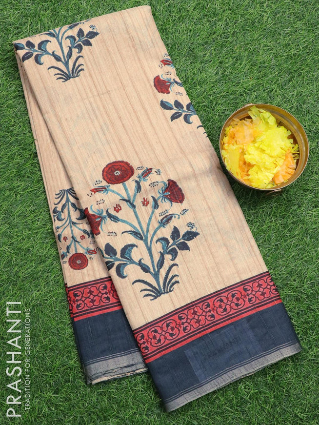Semi matka silk saree beige and grey with allover floral butta prints and small zari woven border - {{ collection.title }} by Prashanti Sarees