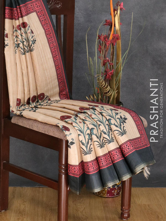 Semi matka silk saree beige and grey with allover floral butta prints and small zari woven border - {{ collection.title }} by Prashanti Sarees