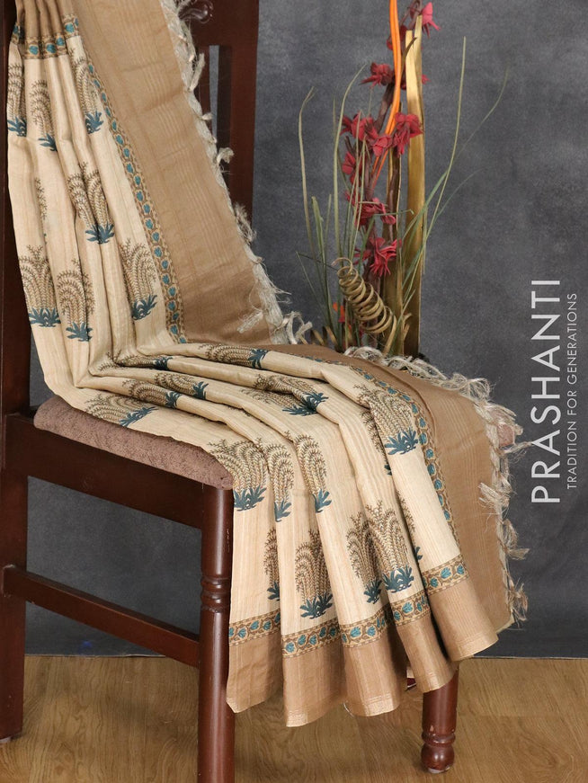 Semi matka silk saree beige and khaki shade with allover butta prints and small zari woven border - {{ collection.title }} by Prashanti Sarees