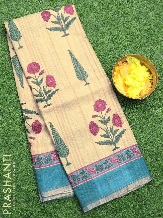 Semi matka silk saree beige and peacock blue with allover floral butta prints and small zari woven border - {{ collection.title }} by Prashanti Sarees