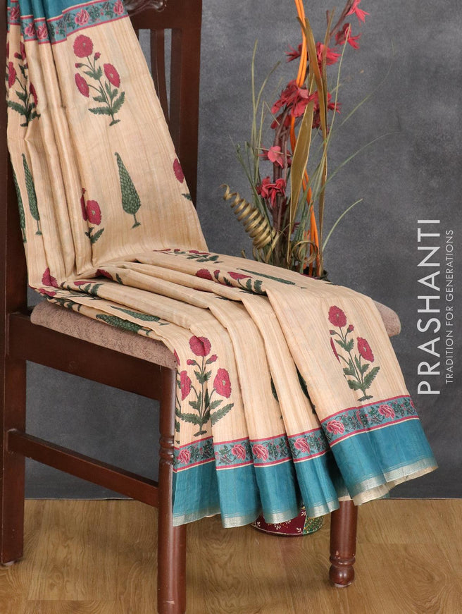Semi matka silk saree beige and peacock blue with allover floral butta prints and small zari woven border - {{ collection.title }} by Prashanti Sarees