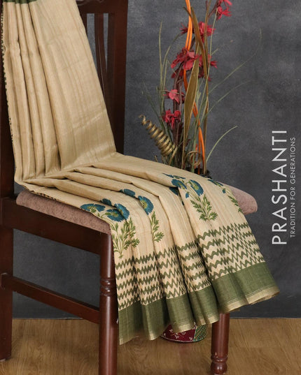 Semi matka silk saree beige and sap green with floral butta prints and zari woven piping border - {{ collection.title }} by Prashanti Sarees