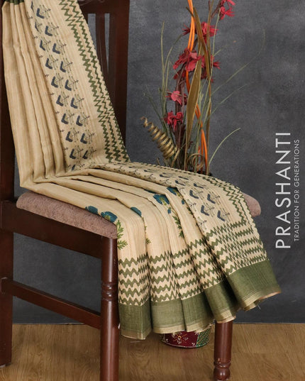 Semi matka silk saree beige and sap green with floral butta prints and zari woven piping border - {{ collection.title }} by Prashanti Sarees