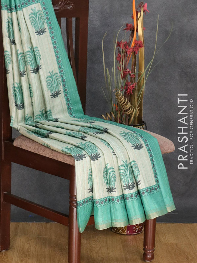 Semi matka silk saree beige and teal green with allover butta prints and small zari woven border - {{ collection.title }} by Prashanti Sarees