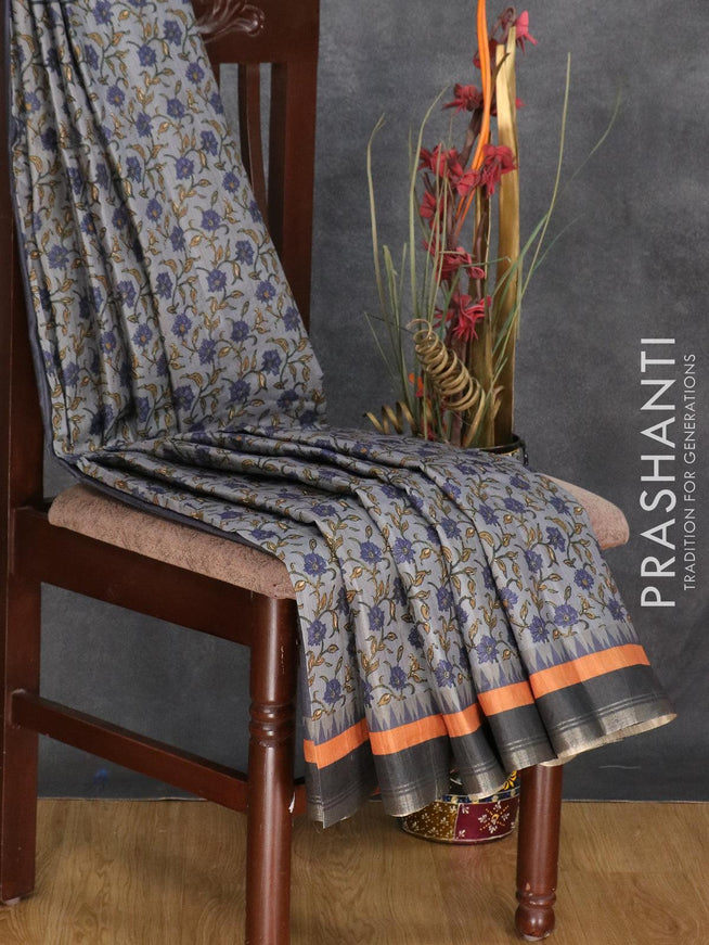 Semi matka silk saree blue and elephant grey with allover floral prints and small zari woven border - {{ collection.title }} by Prashanti Sarees