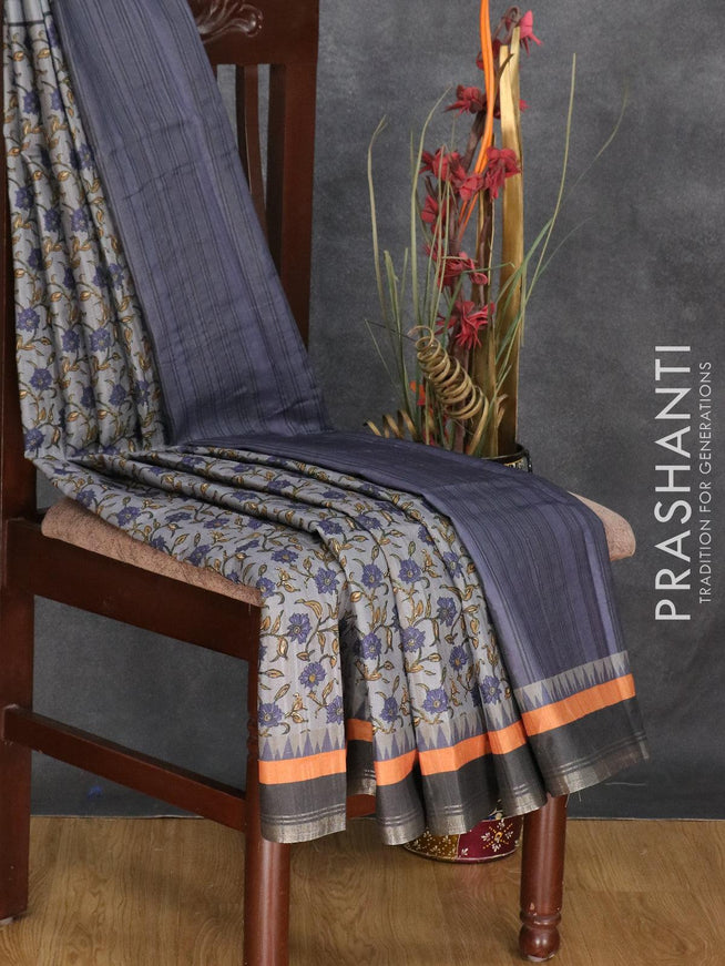 Semi matka silk saree blue and elephant grey with allover floral prints and small zari woven border - {{ collection.title }} by Prashanti Sarees