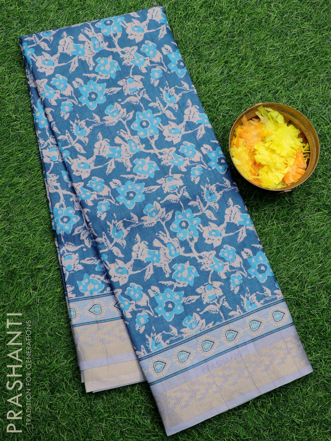 Semi matka silk saree blue and lavender shade with allover prints and zari woven border - {{ collection.title }} by Prashanti Sarees
