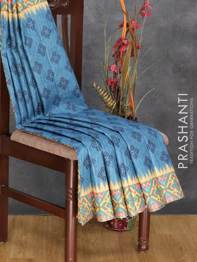 Semi matka silk saree blue and sandal with allover geometric prints and printed zari woven border - {{ collection.title }} by Prashanti Sarees
