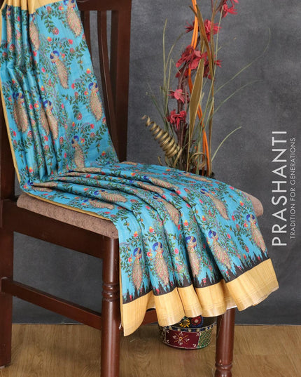 Semi matka silk saree blue and sandal with allover peacock prints and small zari woven border - {{ collection.title }} by Prashanti Sarees