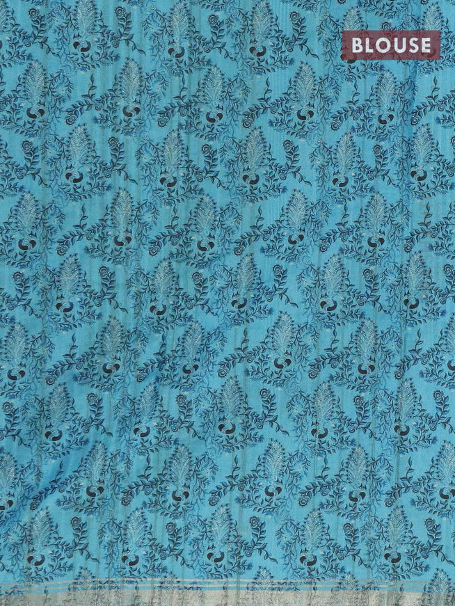 Semi matka silk saree blue and sandal with allover peacock prints and small zari woven border - {{ collection.title }} by Prashanti Sarees
