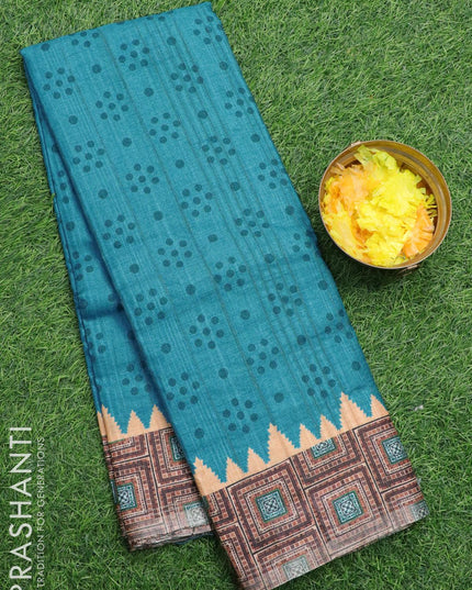 Semi matka silk saree blue and sandal with allover prints and printed zari woven border - {{ collection.title }} by Prashanti Sarees