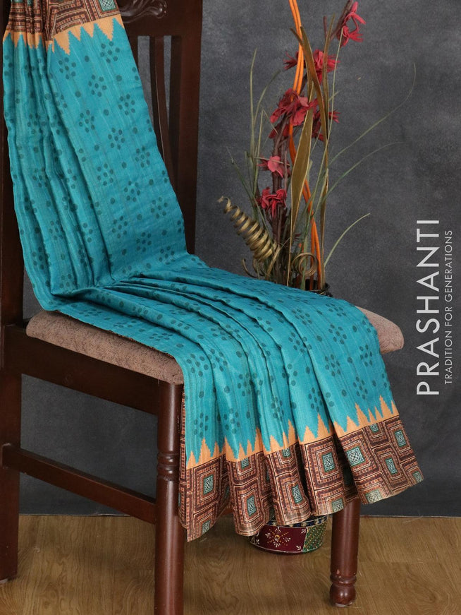 Semi matka silk saree blue and sandal with allover prints and printed zari woven border - {{ collection.title }} by Prashanti Sarees