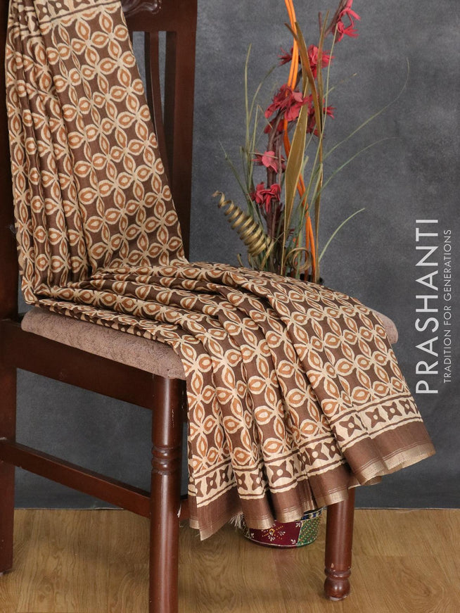 Semi matka silk saree brown and beige with allover geometric prints and small zari woven border - {{ collection.title }} by Prashanti Sarees