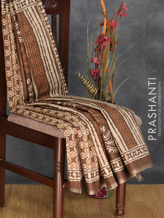 Semi matka silk saree brown and beige with allover geometric prints and small zari woven border - {{ collection.title }} by Prashanti Sarees