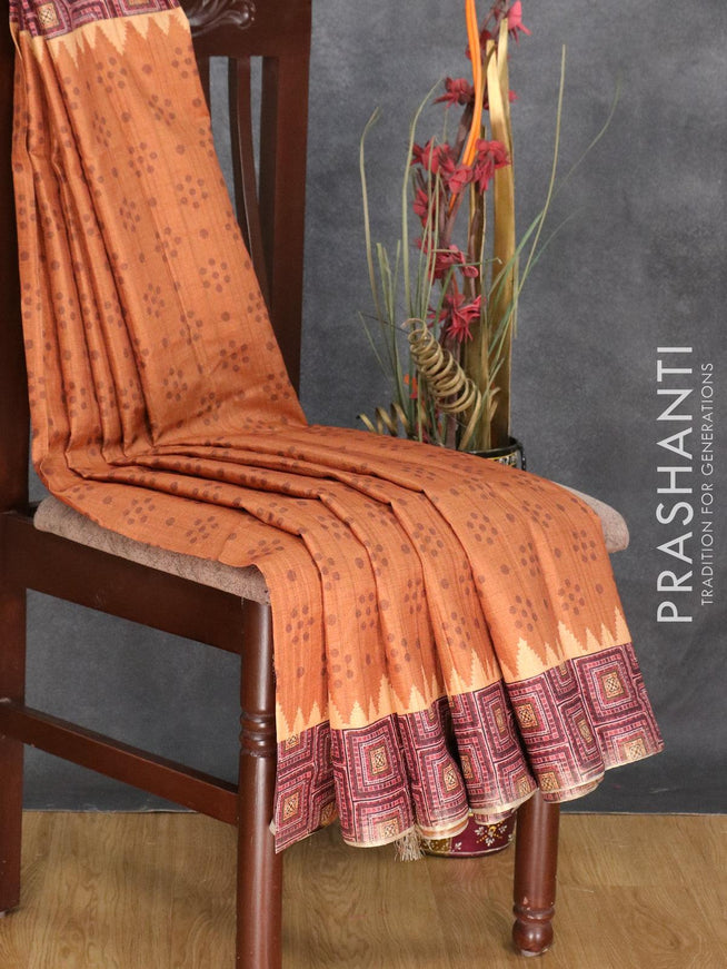 Semi matka silk saree brown and sandal with allover prints and printed zari woven border - {{ collection.title }} by Prashanti Sarees