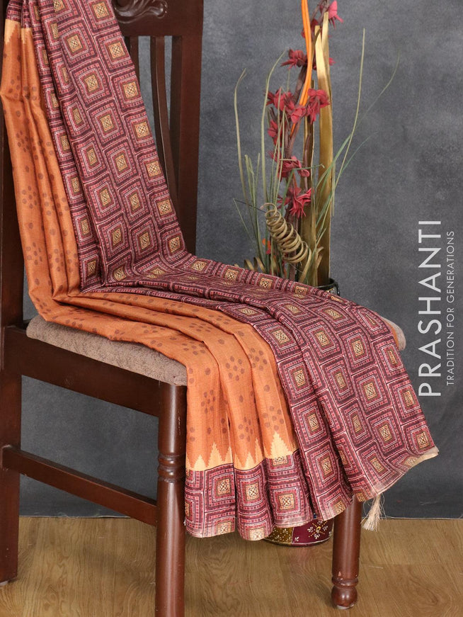 Semi matka silk saree brown and sandal with allover prints and printed zari woven border - {{ collection.title }} by Prashanti Sarees