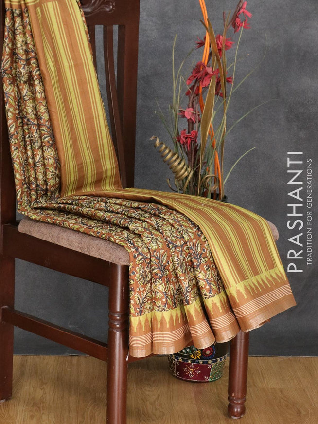Semi matka silk saree brown with allover floral prints and temple design small zari woven border - {{ collection.title }} by Prashanti Sarees