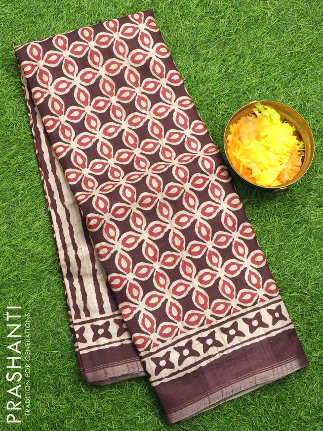 Semi matka silk saree coffee brown and beige with allover geometric prints and small zari woven border - {{ collection.title }} by Prashanti Sarees