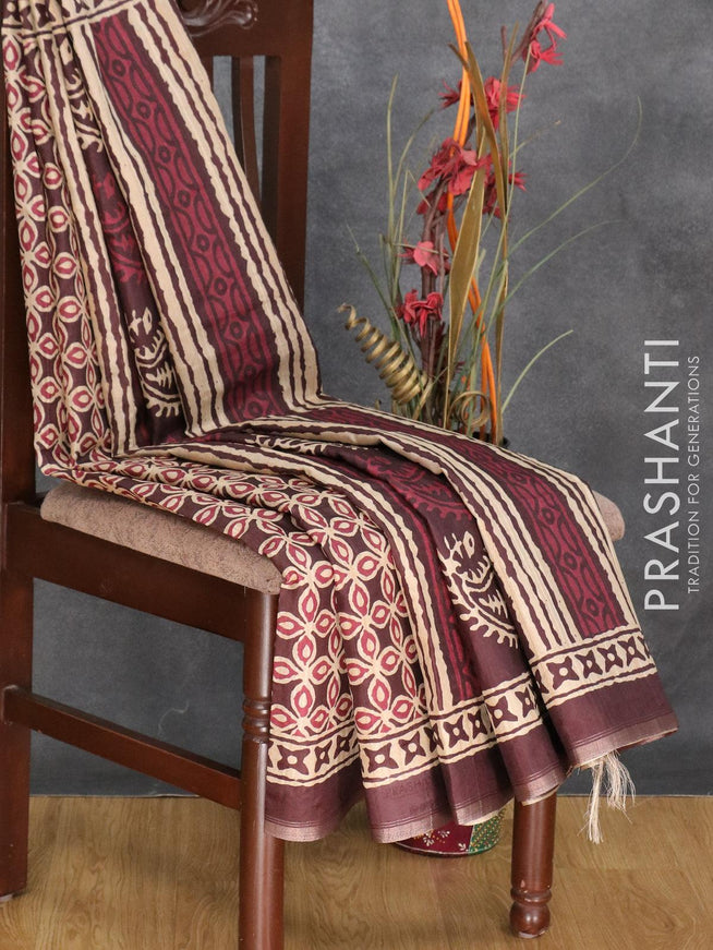 Semi matka silk saree coffee brown and beige with allover geometric prints and small zari woven border - {{ collection.title }} by Prashanti Sarees