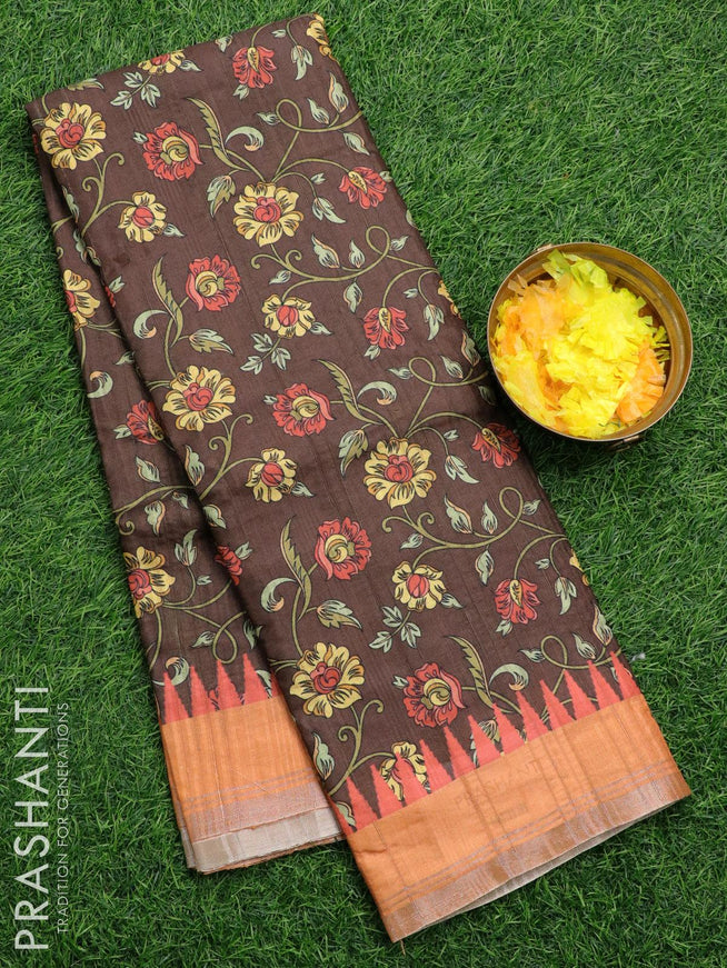 Semi matka silk saree coffee brown and rustic orange with allover floral prints and temple design small zari woven border - {{ collection.title }} by Prashanti Sarees