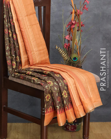 Semi matka silk saree coffee brown and rustic orange with allover floral prints and temple design small zari woven border - {{ collection.title }} by Prashanti Sarees