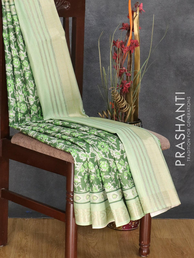 Semi matka silk saree dark green and pastel green with allover prints and zari woven border - {{ collection.title }} by Prashanti Sarees