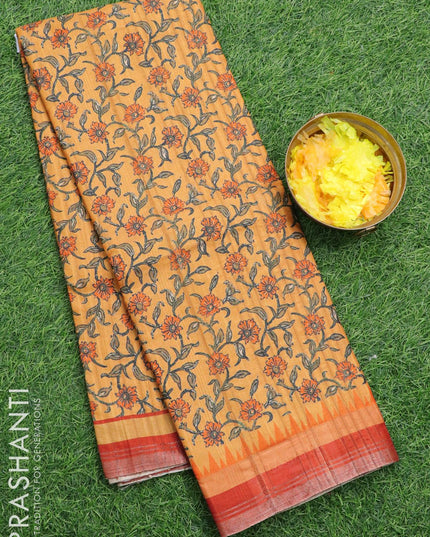 Semi matka silk saree dark mustard and rustic brown with allover floral prints and small zari woven border - {{ collection.title }} by Prashanti Sarees