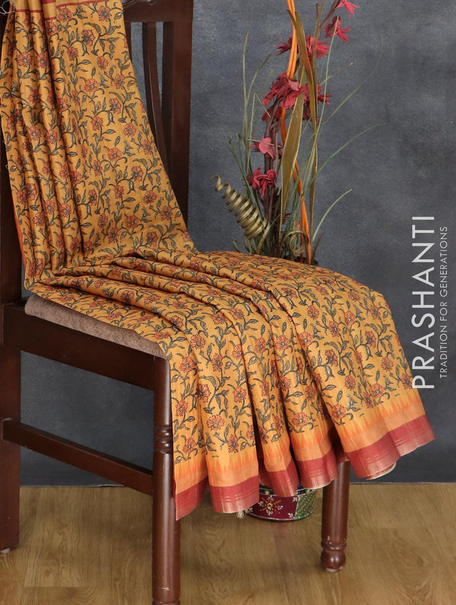 Semi matka silk saree dark mustard and rustic brown with allover floral prints and small zari woven border - {{ collection.title }} by Prashanti Sarees