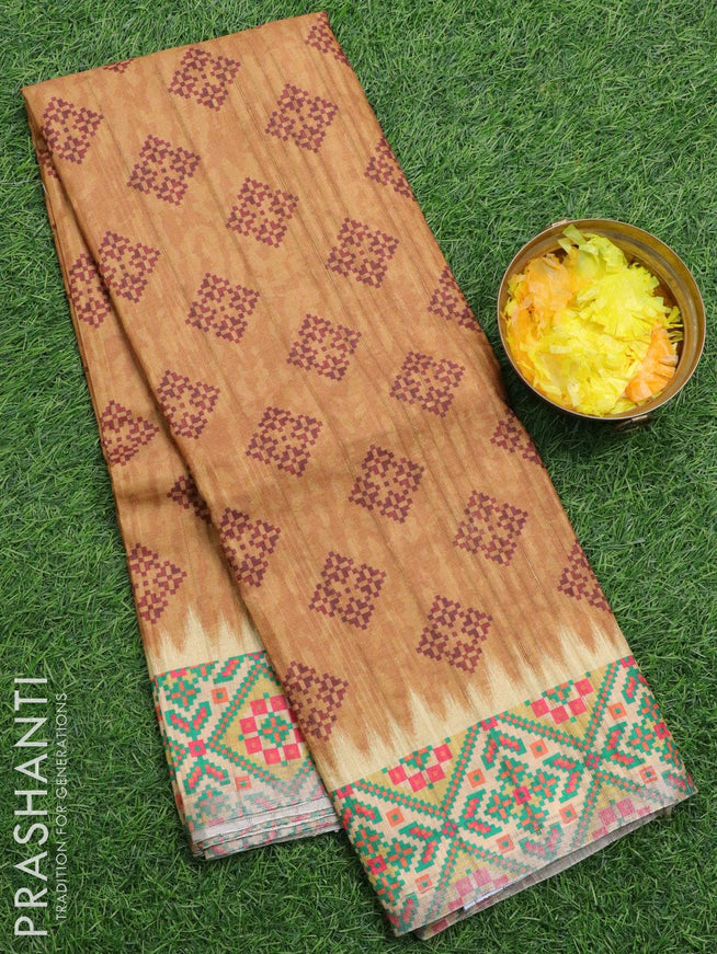 Semi matka silk saree dark mustard and sandal with allover geometric prints and printed zari woven border - {{ collection.title }} by Prashanti Sarees