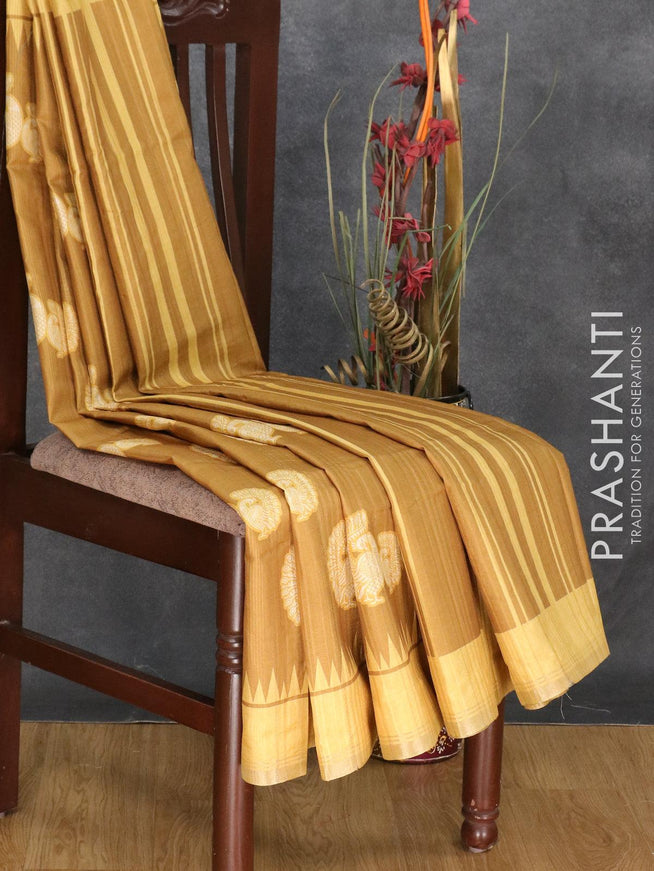 Semi matka silk saree dark mustard and yellow with peacock butta prints and small zari woven border - {{ collection.title }} by Prashanti Sarees