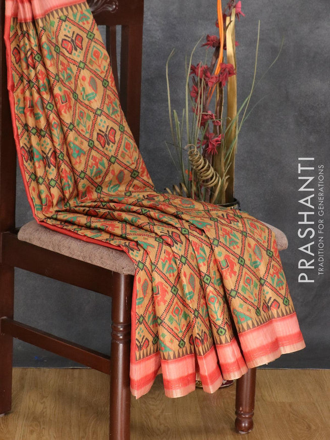Semi matka silk saree dark sandal and light pink with allover ikat prints and small zari woven border - {{ collection.title }} by Prashanti Sarees
