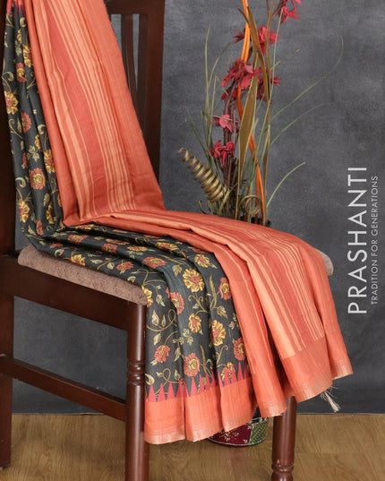 Semi matka silk saree elephant grey and rustic orange with allover floral prints and temple design small zari woven border - {{ collection.title }} by Prashanti Sarees