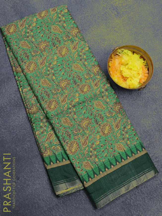 Semi matka silk saree green and dark green with allover floral prints and temple design small zari woven border - {{ collection.title }} by Prashanti Sarees