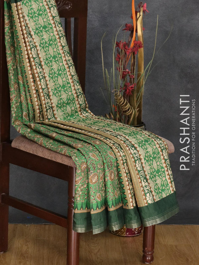 Semi matka silk saree green and dark green with allover floral prints and temple design small zari woven border - {{ collection.title }} by Prashanti Sarees