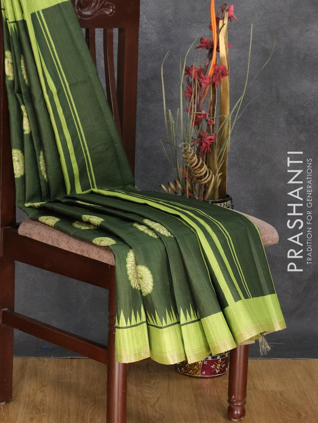 Semi matka silk saree green and light green with peacock butta prints and small zari woven border - {{ collection.title }} by Prashanti Sarees