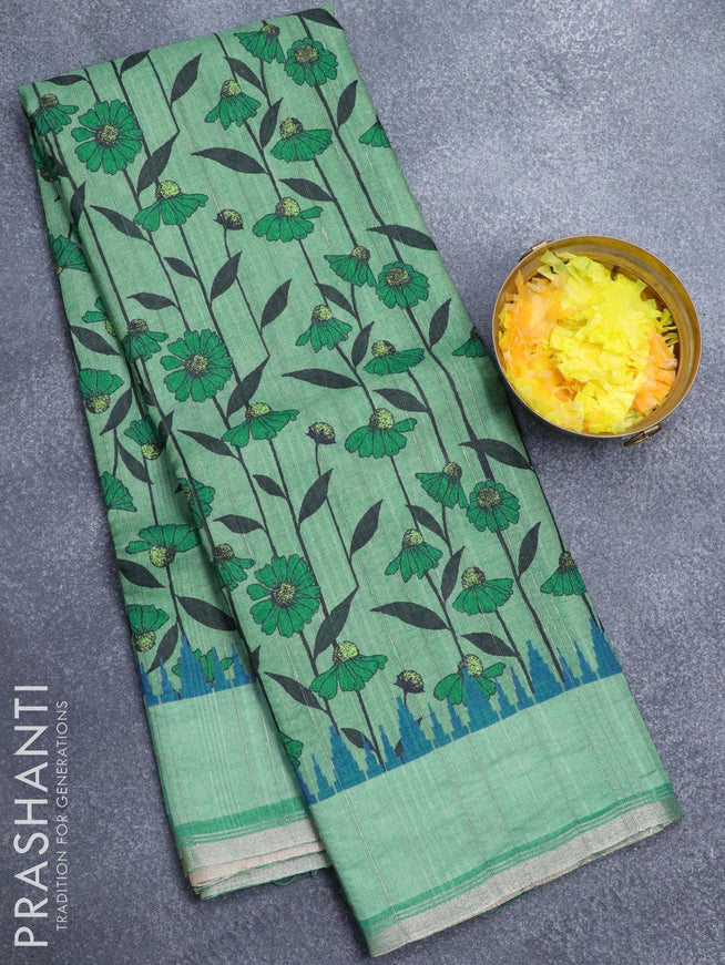 Semi matka silk saree green with allover floral prints and small zari woven border - {{ collection.title }} by Prashanti Sarees